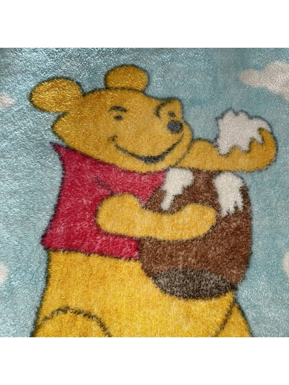 Vintage Winnie the Pooh Honey Pot Light Blue Plush Fleece Blanket Funky Eye VGC